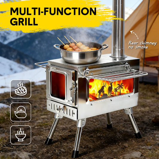 Outdoor Wood Burning Stove Multifunction Grill Hot Tent Stove with 5 Chimney Pipe and Side Window Portable Camping Stove for Cooking Heating Hiking Fishing