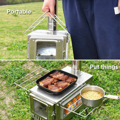 Outdoor Wood Burning Stove Multifunction Grill Hot Tent Stove with 5 Chimney Pipe and Side Window Portable Camping Stove for Cooking Heating Hiking
