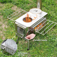 Outdoor Wood Burning Stove Multifunction Grill Hot Tent Stove with 5 Chimney Pipe and Side Window Portable Camping Stove for Cooking Heating Hiking