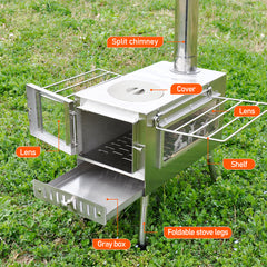 Outdoor Wood Burning Stove Multifunction Grill Hot Tent Stove with 5 Chimney Pipe and Side Window Portable Camping Stove for Cooking Heating Hiking