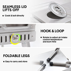 Outdoor Wood Burning Stove Multifunction Grill Hot Tent Stove with 5 Chimney Pipe and Side Window Portable Camping Stove for Cooking Heating Hiking