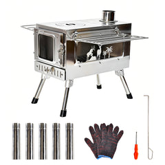 Outdoor Wood Burning Stove Multifunction Grill Hot Tent Stove with 5 Chimney Pipe and Side Window Portable Camping Stove for Cooking Heating Hiking