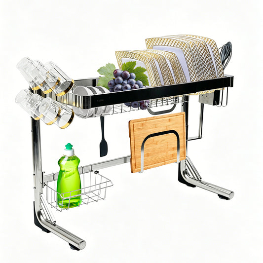 Over Sink Dish Drying Rack Stainless Steel Length Adjustable Drainer Shelf with Utensils Holders for Kitchen Counter Storage Organizer 60kg Load Capacity