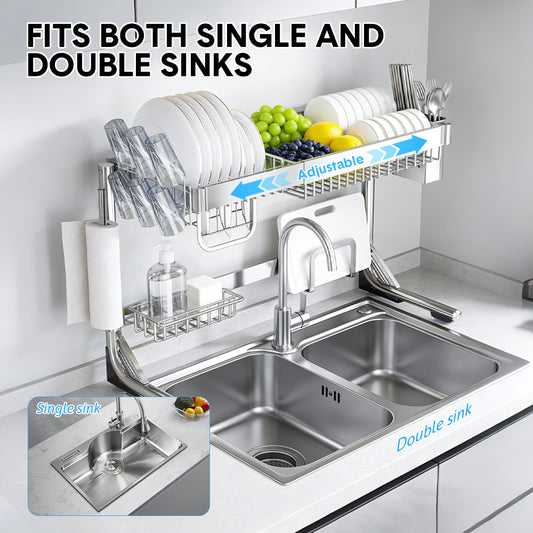 Over Sink Dish Drying Rack Stainless Steel Length Adjustable Drainer Shelf with Utensils Holders for Kitchen Counter Storage Organizer 60kg Load Capacity