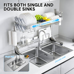 Over Sink Dish Drying Rack Stainless Steel Length Adjustable Drainer Shelf with Utensils Holders for Kitchen Counter Organizer 60kg Load Capacity