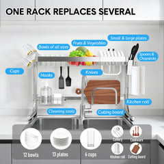 Over Sink Dish Drying Rack Stainless Steel Length Adjustable Drainer Shelf with Utensils Holders for Kitchen Counter Organizer 60kg Load Capacity