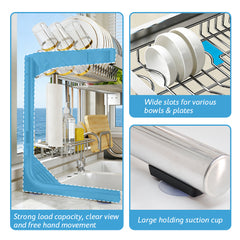 Over Sink Dish Drying Rack Stainless Steel Length Adjustable Drainer Shelf with Utensils Holders for Kitchen Counter Organizer 60kg Load Capacity