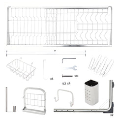 Over Sink Dish Drying Rack Stainless Steel Length Adjustable Drainer Shelf with Utensils Holders for Kitchen Counter Organizer 60kg Load Capacity