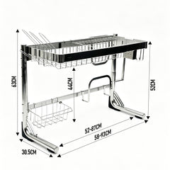 Over Sink Dish Drying Rack Stainless Steel Length Adjustable Drainer Shelf with Utensils Holders for Kitchen Counter Organizer 60kg Load Capacity