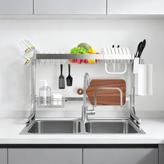 Over Sink Dish Drying Rack Stainless Steel Length Adjustable Drainer Shelf with Utensils Holders for Kitchen Counter Organizer 60kg Load Capacity