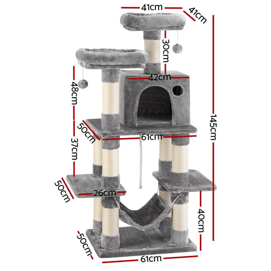 i.Pet Cat Tree 145cm Tower Scratching Post Trees Scratcher Condo House Light Grey