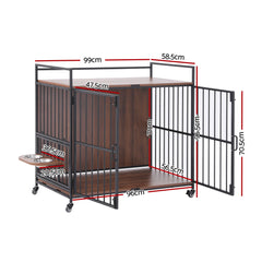 i.Pet 2-in-1 Wooden Dog Crate 99cm Pet Cage Furniture End Table Wheels Black