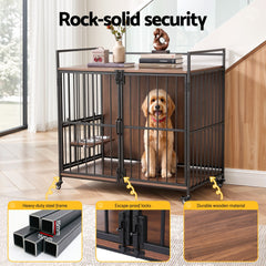 i.Pet 2-in-1 Wooden Dog Crate 99cm Pet Cage Furniture End Table Wheels Black