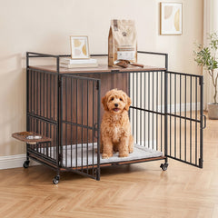 i.Pet 2-in-1 Wooden Dog Crate 99cm Pet Cage Furniture End Table Wheels Black