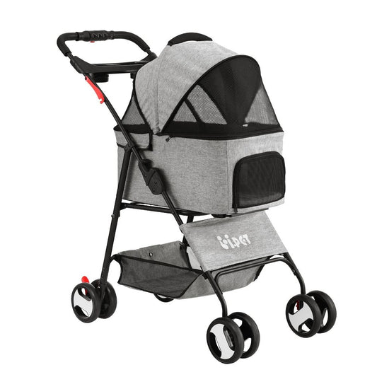i.Pet Pet Stroller Dog Pram Cat Carrier Travel Large Pushchair Foldable 4 Wheels Grey