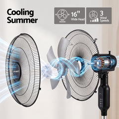 DEVANTI 16" Pedestal Fan with Remote 3 Speeds 8H Timer, Black