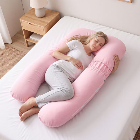 Giselle Bedding Pregnancy Pillow U Shaped Full Body Pillow with 100% Cotton Jersey Cover Maternity Pillow for Sleeping Reading, Pink, 73x133cm