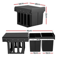 Cefito Pull Out Bin Kitchen Triple Slide Garbage Rubbish Bins Basket Blcak 31L
