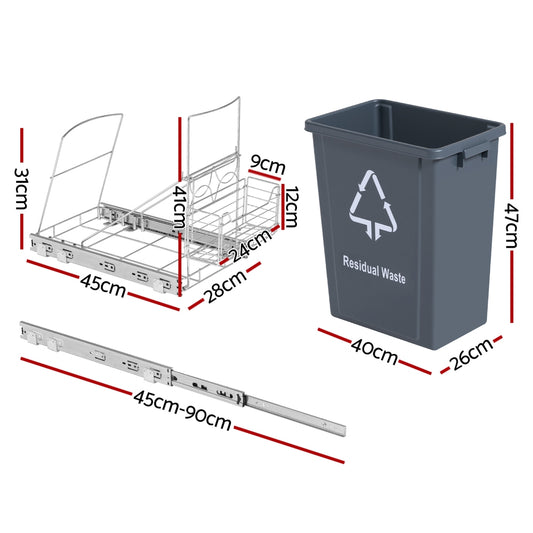 Cefito Pull Out Bin Kitchen Cabinet Slide Garbage Rubbish Bins Basket 40L Grey