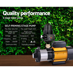 Giantz Garden Water Pump High Pressure 2000W Max 5-Stage Tank Irrigation Transfer Booster Pump Black