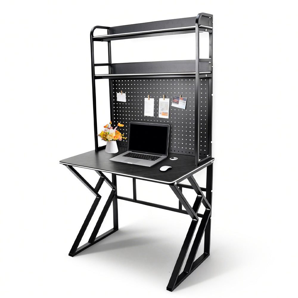 Large Computer Desk with Pegboard Two-Tier Storage Shelves and Cable Management Home Office Writing Desk Stable Carbon Steel Frame 100x56x94.5cm Black