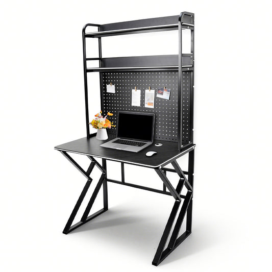 Large Computer Desk with Pegboard Two-Tier Storage Shelves and Cable Management Home Office Writing Desk Stable Carbon Steel Frame 100x56x94.5cm Black