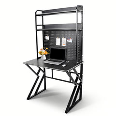 Large Computer Desk with Pegboard Two-Tier Storage Shelves and Cable Management Home Office Writing Desk Stable Carbon Steel Frame 100x56x94.5cm Black