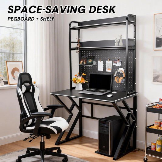 Large Computer Desk with Pegboard Two-Tier Storage Shelves and Cable Management Home Office Writing Desk Stable Carbon Steel Frame 100x56x94.5cm Black