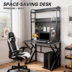 Large Computer Desk with Pegboard Two-Tier Storage Shelves and Cable Management Home Office Writing Desk Stable Carbon Steel Frame 100x56x94.5cm Black