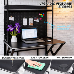 Large Computer Desk with Pegboard Two-Tier Storage Shelves and Cable Management Home Office Writing Desk Stable Carbon Steel Frame 100x56x94.5cm Black