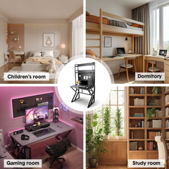 Large Computer Desk with Pegboard Two-Tier Storage Shelves and Cable Management Home Office Writing Desk Stable Carbon Steel Frame 100x56x94.5cm Black