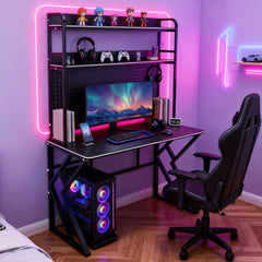 Large Computer Desk with Pegboard Two-Tier Storage Shelves and Cable Management Home Office Writing Desk Stable Carbon Steel Frame 100x56x94.5cm Black