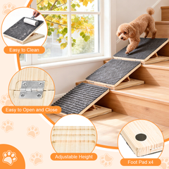 2pcs Foldable Pet Ramp for Stairs Portable Wooden Ramp 3-Level Adjustable with Anti-Slip Mat for Small Dogs Cats Injured and Elderly Pet 70kg Load Capacity