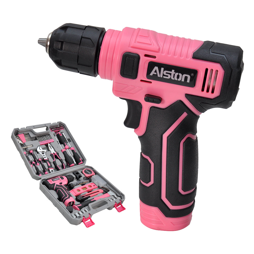 133Pcs Tool Set with 8V Cordless Rechargeable Drill and Magnetic Bits in Carry Case Home Repair and DIY Tool Kit for Men Women Household Maintenance Pink