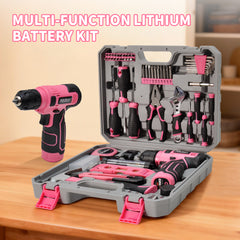 133Pcs Tool Set with 8V Cordless Rechargeable Drill and Magnetic Bits in Carry Case Home Repair and DIY Tool Kit for Men Women Household Maintenance Pink