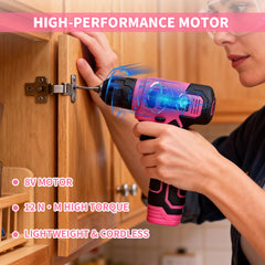 133Pcs Tool Set with 8V Cordless Rechargeable Drill and Magnetic Bits in Carry Case Home Repair and DIY Tool Kit for Men Women Household Maintenance Pink