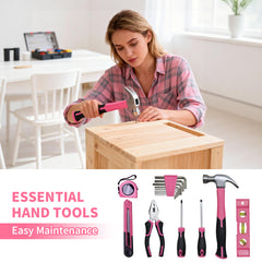 133Pcs Tool Set with 8V Cordless Rechargeable Drill and Magnetic Bits in Carry Case Home Repair and DIY Tool Kit for Men Women Household Maintenance Pink