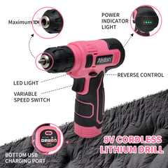 133Pcs Tool Set with 8V Cordless Rechargeable Drill and Magnetic Bits in Carry Case Home Repair and DIY Tool Kit for Men Women Household Maintenance Pink