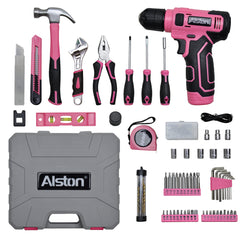 133Pcs Tool Set with 8V Cordless Rechargeable Drill and Magnetic Bits in Carry Case Home Repair and DIY Tool Kit for Men Women Household Maintenance Pink