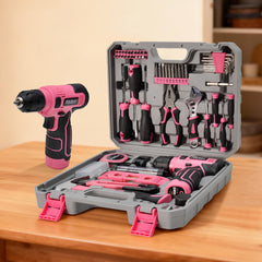 133Pcs Tool Set with 8V Cordless Rechargeable Drill and Magnetic Bits in Carry Case Home Repair and DIY Tool Kit for Men Women Household Maintenance Pink