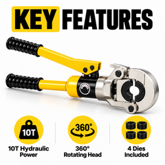 10T Hydraulic Pipe Crimping Tool with 4 M-Profile Dies M15 M18 M22 M28 360 Rotating Head for Compatible Metric Stainless Steel Press Fittings