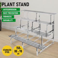 4 Tiers LARGE Plant Stand 150cm Width Stainless Steel Pots Holder Plant Stand Rack Flower Pots Ladder Display Shelf Pot Organiser for Garden Patio