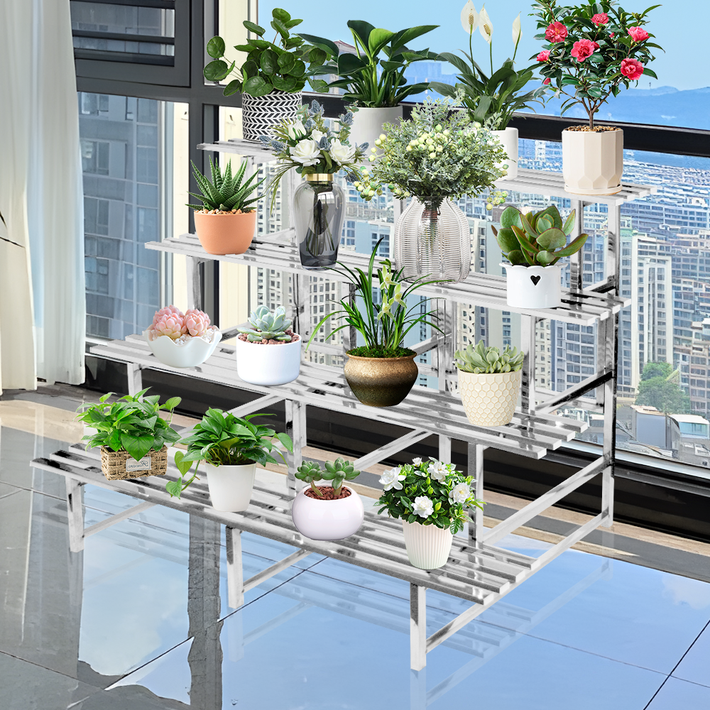4 Tiers LARGE Plant Stand 150cm Width Stainless Steel Pots Holder Plant Stand Rack Flower Pots Ladder Display Shelf Pot Organiser for Garden Patio