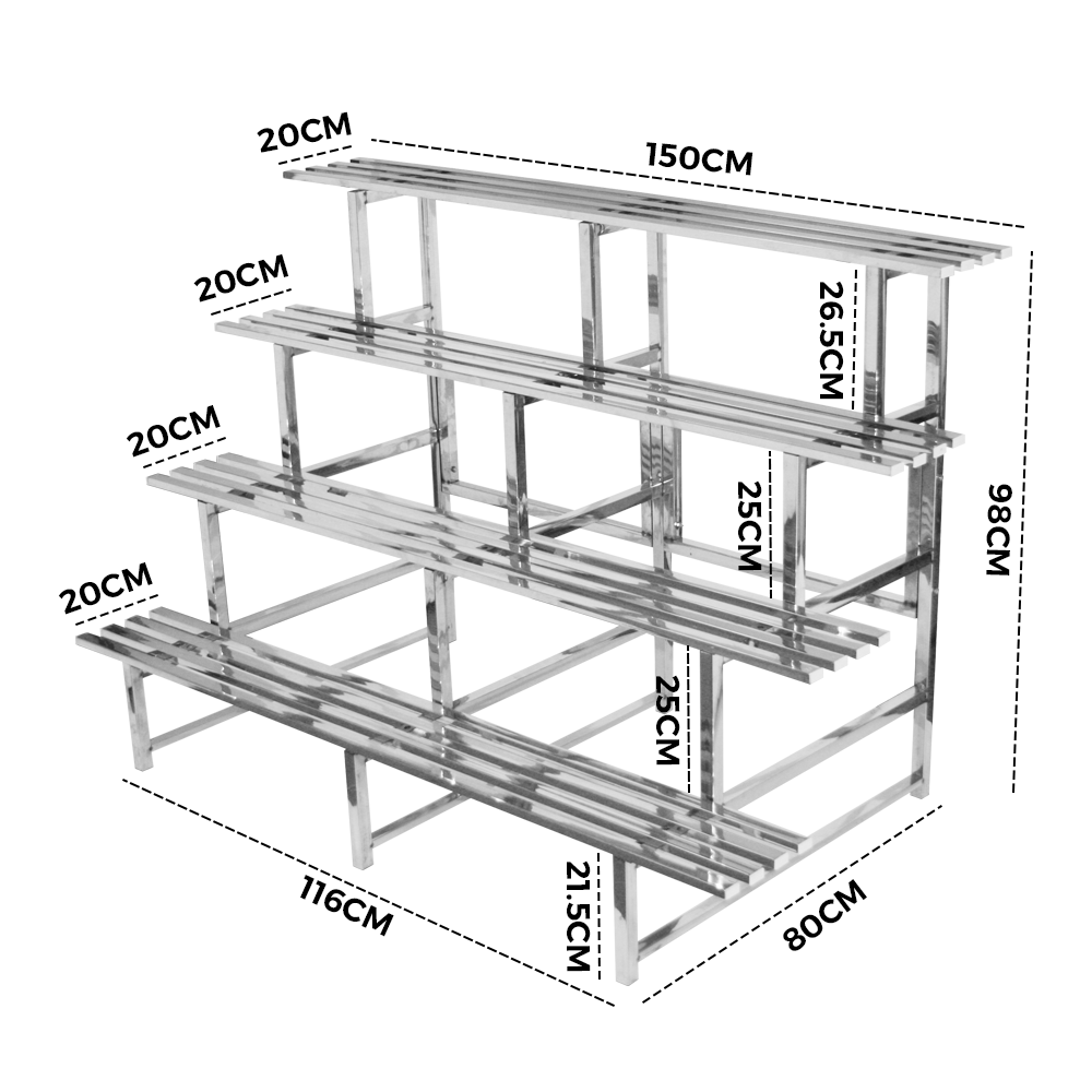 4 Tiers LARGE Plant Stand 150cm Width Stainless Steel Pots Holder Plant Stand Rack Flower Pots Ladder Display Shelf Pot Organiser for Garden Patio
