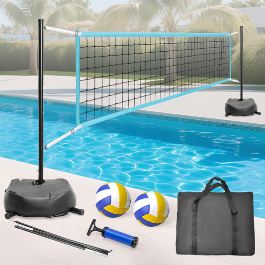 Portable Pool Volleyball Net Set 15ft-25ft Length Adjustable with Pump 4 Volleyballs and 2 Water Filled Weighted Bases Outdoor Swimming Pool Water Games