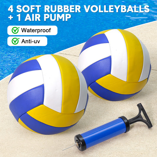Portable Pool Volleyball Net Set 15ft-25ft Length Adjustable with Pump 4 Volleyballs and 2 Water Filled Weighted Bases Outdoor Swimming Pool Water Games