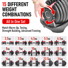 Single Adjustable Dumbbell with Storage Tray 2.5-24kg Quick Dial Weight Change Non-slip Grip for Home Gym Muscle Building Strength Training Workout