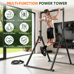 Foldable Power Tower Dip Station Multifunction Steel Standing Pull Up Bar 8-Level Height Adjustable for Home Gym Strength Training Workout 300KG Capacity