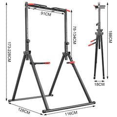 Foldable Power Tower Dip Station Multifunction Steel Standing Pull Up Bar 8-Level Height Adjustable for Home Gym Strength Training Workout 300KG Capacity