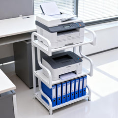 3 Tier Printer Stand Multifunctional Metal Storage Shelf with Top Handle and Foot Pad Home Office Printer Table Strong Loading Capacity 60x40x94cm White